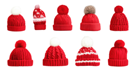 Collection of red winter hats on white background