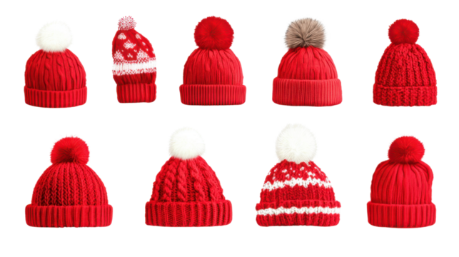 Collection of red winter hats on white background