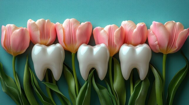 Unique arrangement of tulips and tooth-shaped figures on a teal background creates a playful springtime vibe celebrating dental health