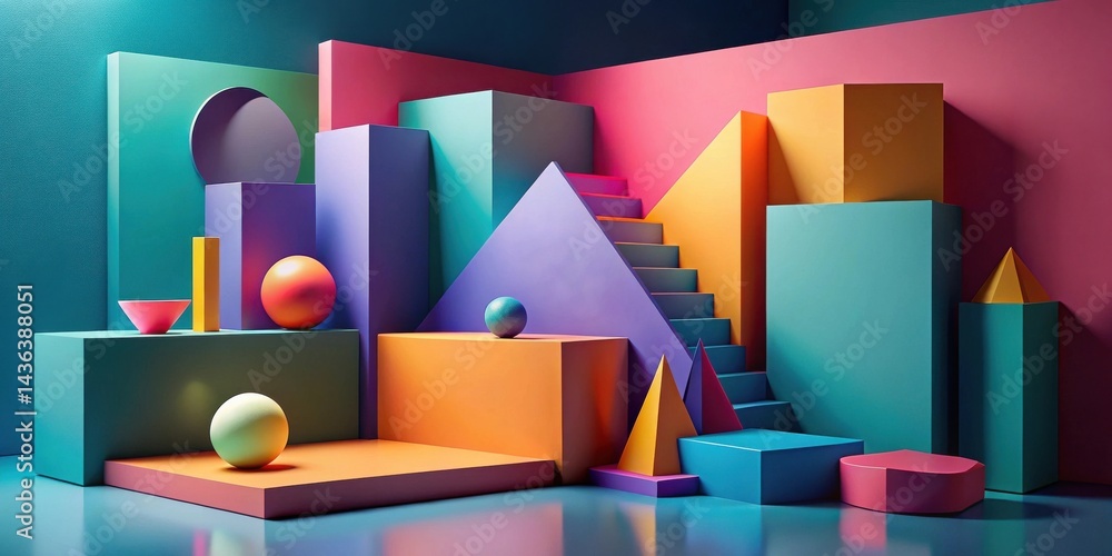 Poster abstract colorful geometric composition featuring cubes, spheres, and pyramids on a reflective surfa
