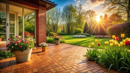 Fototapeta premium Serene Sunset Garden View from Brick Patio with Vibrant Blossoms and Lush Greenery