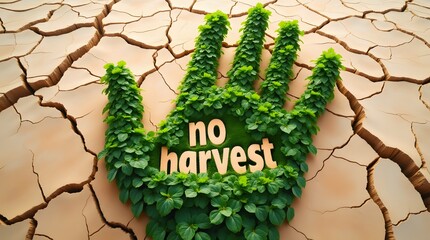 green human hand shape grows from cracked, dry earth, with the words "no harvest" written across it