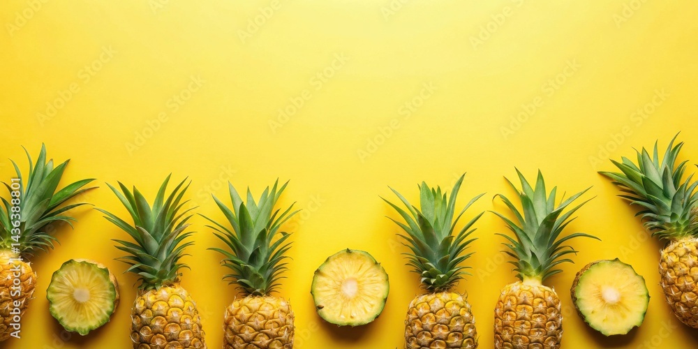 Poster vibrant yellow background featuring a delightful arrangement of whole and sliced pineapples, creatin