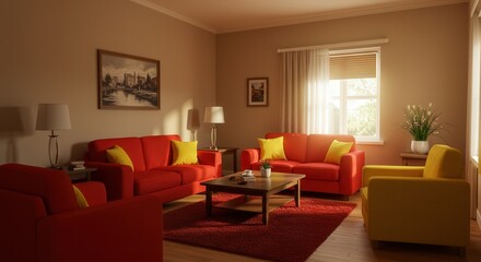 Bright Living Room with Red Sofas Yellow Accents and Warm Natural Light