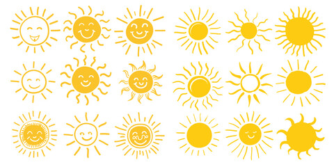 Collection of Sun cute outline illustration vector kind hand drawn on transparent background.