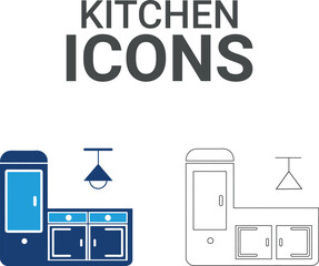 Kitchen icons. Collection of sofa, kitchen, chair, dresser and more. Vector illustration. Easily changes to any color.