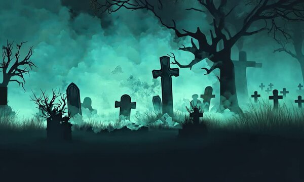 Spooky Halloween graveyard scene with tombstones, crosses, bare trees, and fog. Perfect for Halloween themed projects.halloween background