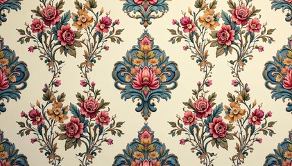 Intricate floral damask pattern in muted tones, floral, tones