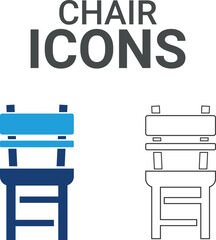 Chair icons. Collection of sofa, kitchen, chair, dresser and more. Vector illustration. Easily changes to any color.