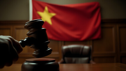 A cinematic courtroom moment with a gavel strike against a blurred Vietnam flag. Dramatic lighting and oak paneling emphasize judicial power, ideal for HD wallpaper.