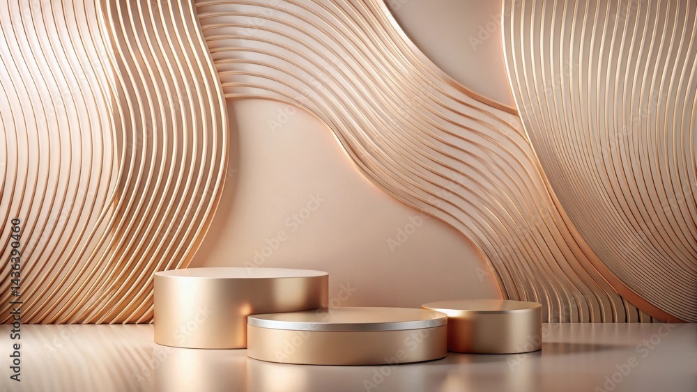 Poster elegant golden cylindrical display on a smooth wave pattern background