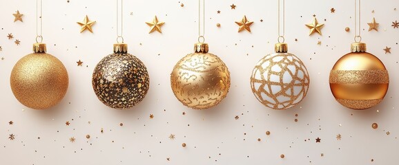 Five gold and glitter Christmas ornaments hang against a beige background, scattered with gold stars and confetti.