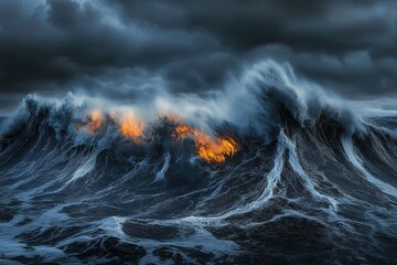 Fototapeta premium A majestic wave crashing under a dramatic sky with a fiery glow in the center of the wave crest