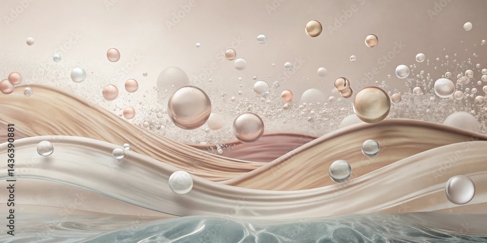 Poster Serene Abstract Composition of Floating Spheres and Flowing Fabric Textures in Neutral Tones