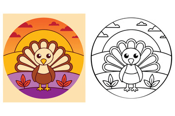 Cute Turkey Cartoon Character With Leaves, Sky Graphic, Coloring Page