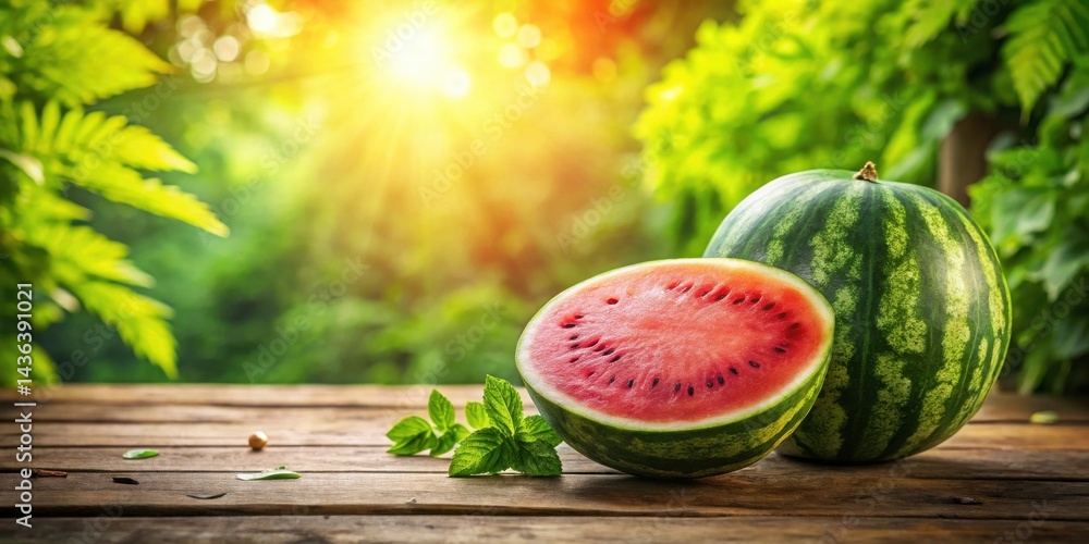 Poster summertime refreshment juicy watermelon slices and whole fruit on rustic wooden table with lush gree