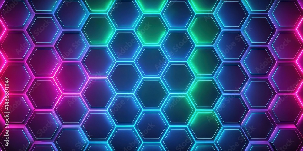 Aufkleber Abstract Hexagonal Grid with Vibrant Neon Illumination Featuring a Dynamic Pattern of Color and Light