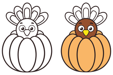 Turkey Inside Pumpkin Coloring Page. Outline Cartoon Isolated