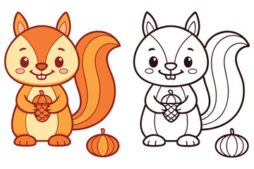 Cartoon Squirrel Holds Cone and Pumpkin with Black and White Line Art Versions