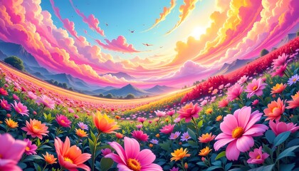 The generative AI illustration depicts a dynamic and colorful abstract flower meadow, with a riot of vibrant hues blending together to create a stunning symphony of energy and movement