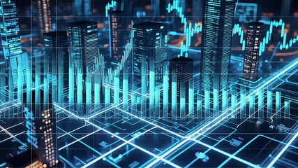 Futuristic cityscape with glowing stock market charts, digital data streams, and financial growth visuals overlaying skyscrapers in a neon-lit metropolis.

 - Powered by Adobe