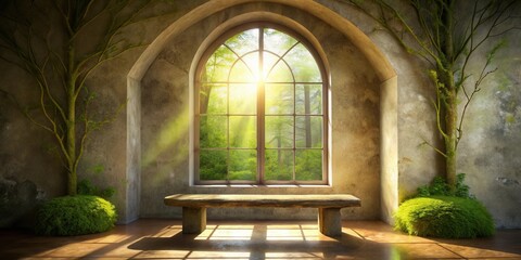 Naklejka premium Serene Interior Featuring a Stone Bench and Sunlit Arch Window Overlooking Lush Greenery