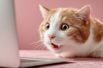 A cat looking frightened on a pink background 