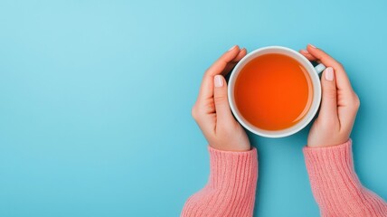 Healthy lifestyle with nutrition positivity idea. Warm herbal tea held in hands against a blue background.