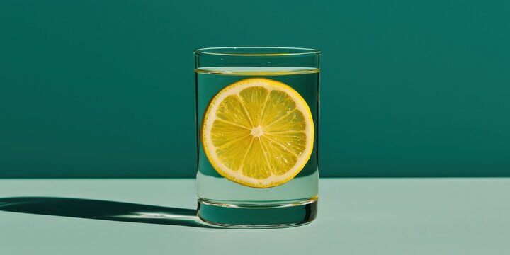 Healthy lifestyle with nutrition positivity idea. Fresh lemon slice in a glass of water with a vibrant background.