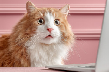 A cat looking frightened on a pink background 