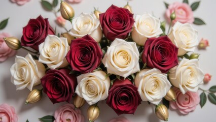 Obraz premium Elegant red and white roses arrangement, romantic floral design, wedding, Valentine's day, love, celebration