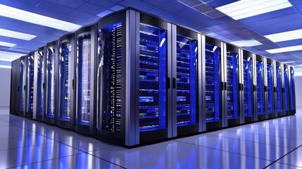 Modern server room with rows of glowing blue server racks, clean reflective floor, and bright lighting, ideal for technology marketing, websites, and IT service ads