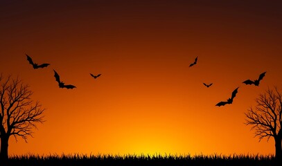 A minimalist Halloween background with bat and tree silhouettes against a vivid orange sunset, perfect for modern, clean design projects.