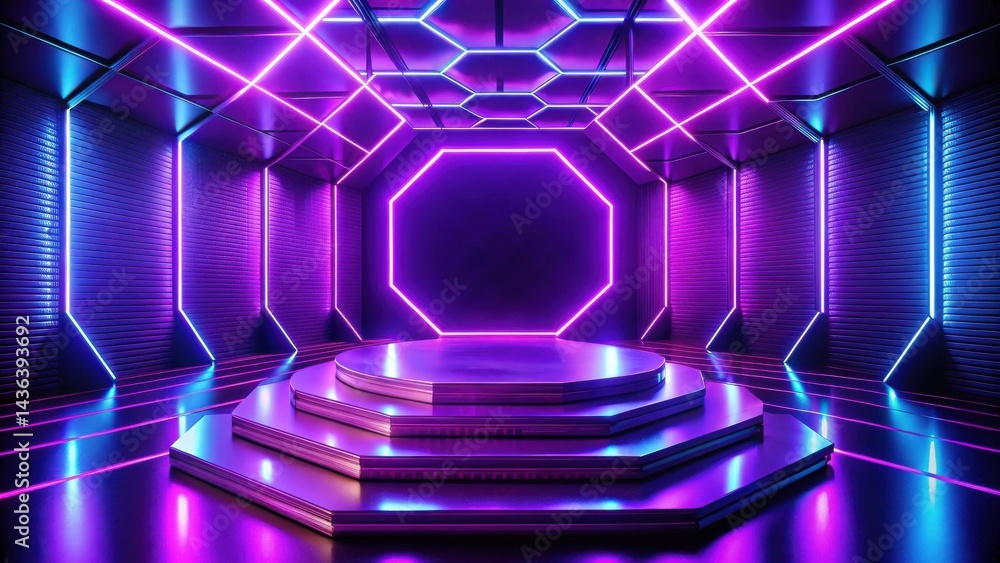 Poster futuristic stage design with vibrant neon lighting and geometric patterns for product display