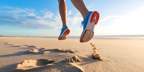 Bright orange running shoes with white laces striking light brown sand on the beach under a clear blue sky with clouds.