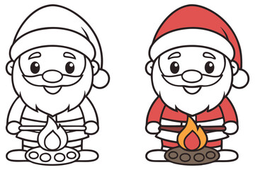 Cartoon Santa Claus Character Holding Bonfire in Color and Outline Version