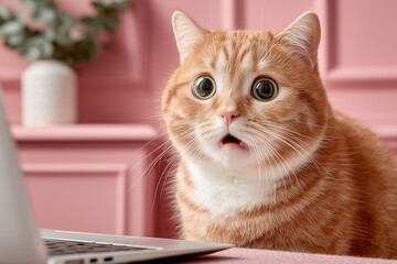 A cat looking frightened on a pink background 