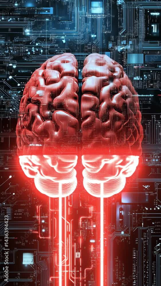 Poster a detailed representation of a brain combined with digital circuitry, highlighting the interaction b