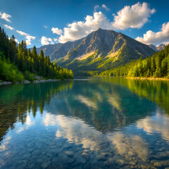 Obraz premium Peaceful lake reflecting majestic mountain landscapes