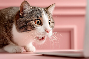 Fototapeta premium A cat looking frightened on a pink background 