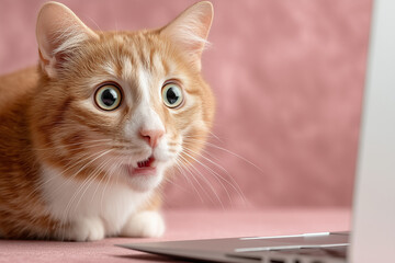 A cat looking frightened on a pink background 