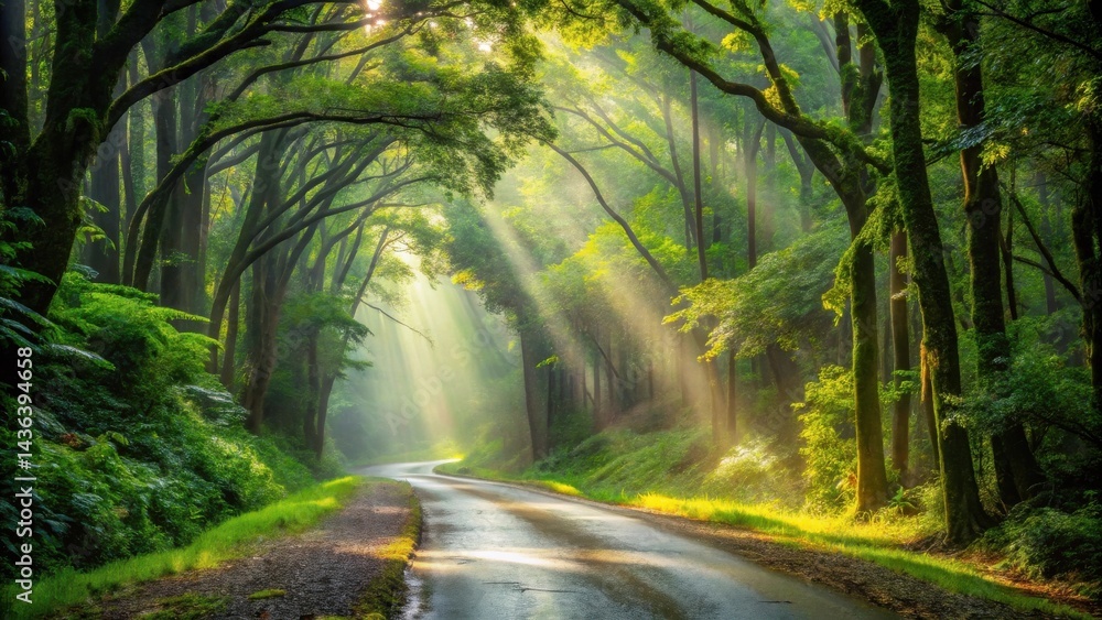 Poster sunbeams illuminate a serene forest road, creating a magical atmosphere of tranquility and natural b