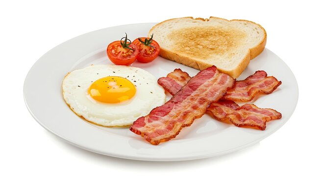 Classic breakfast plate with crispy bacon, eggs, and toast