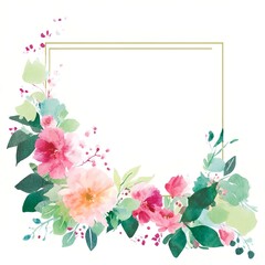 Fototapeta premium Watercolor floral frame, white background, pink and green tones, clipart style, flat design style,