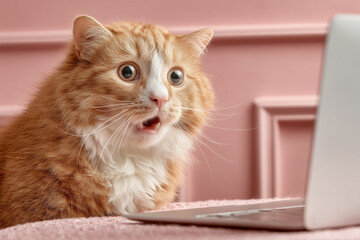 A cat looking frightened on a pink background 