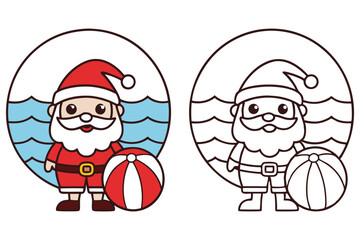 Cheerful Santa Claus Cartoon with Beach Ball in Color and Line Art Versions