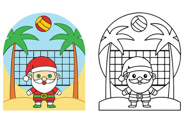 Cartoon Santa Claus Character at Beach Playing Volleyball Beneath Palm Trees