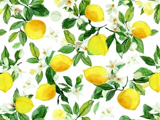 Watercolor lemon pattern, with yellow and green tones on a white background, featuring flowers and