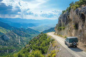Truck descending on winding mountain road.