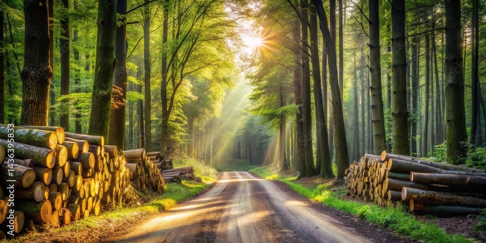 Poster golden sunlight illuminates a forest path flanked by stacks of lumber